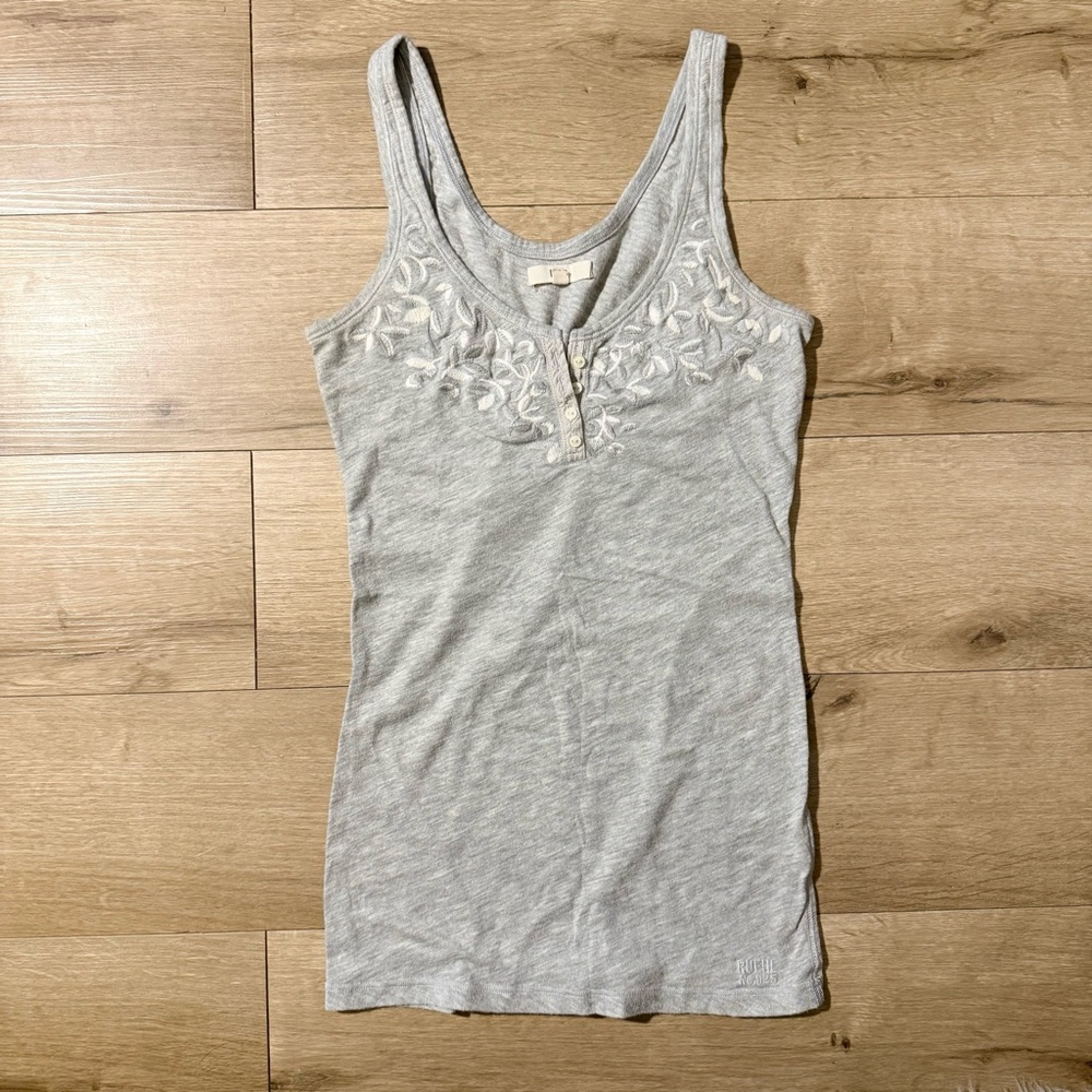 Vintage Y2K Ruehl No.925 Heather Gray Embroidered Henley Tank Top Shirt Cami S